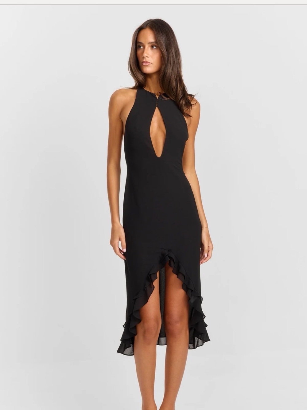 Black Halter Keyhole High-Low Ruffle Dress - Picture 1 of 5